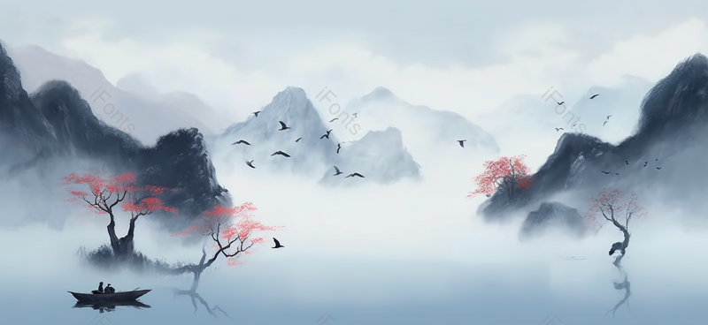飞鸟倒影船只水中树手绘中国风意境水墨山水,插画/手绘图,插画/手绘图库,插画/手绘图下载,插画/手绘